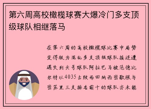 第六周高校橄榄球赛大爆冷门多支顶级球队相继落马